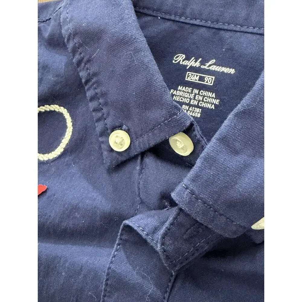 Ralph Lauren Boy 18 M Short Sleeve Button Romper Nautical Flag Appliqué Patches